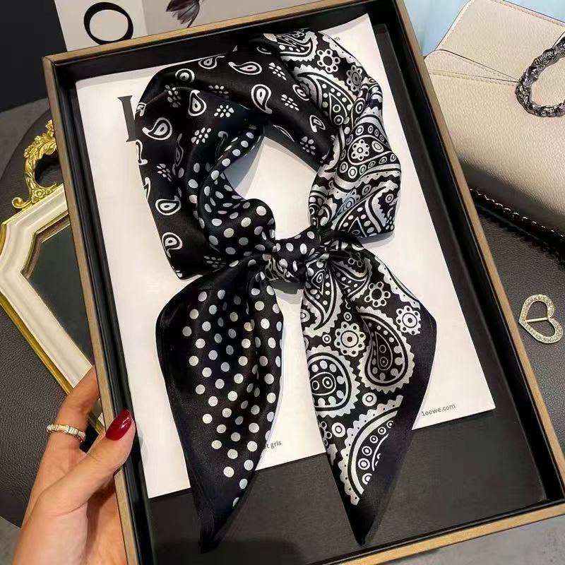 High-End Women's Lightweight Silk Square Scarf - Temperament Print Neckerchief for Neck Protection and Decoration.
