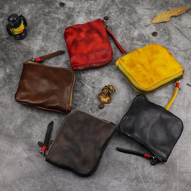 Layered Vegetable Tanned Leather Coin Purse Handmade Vintage Style Zipper Simple Mini Coin Bag