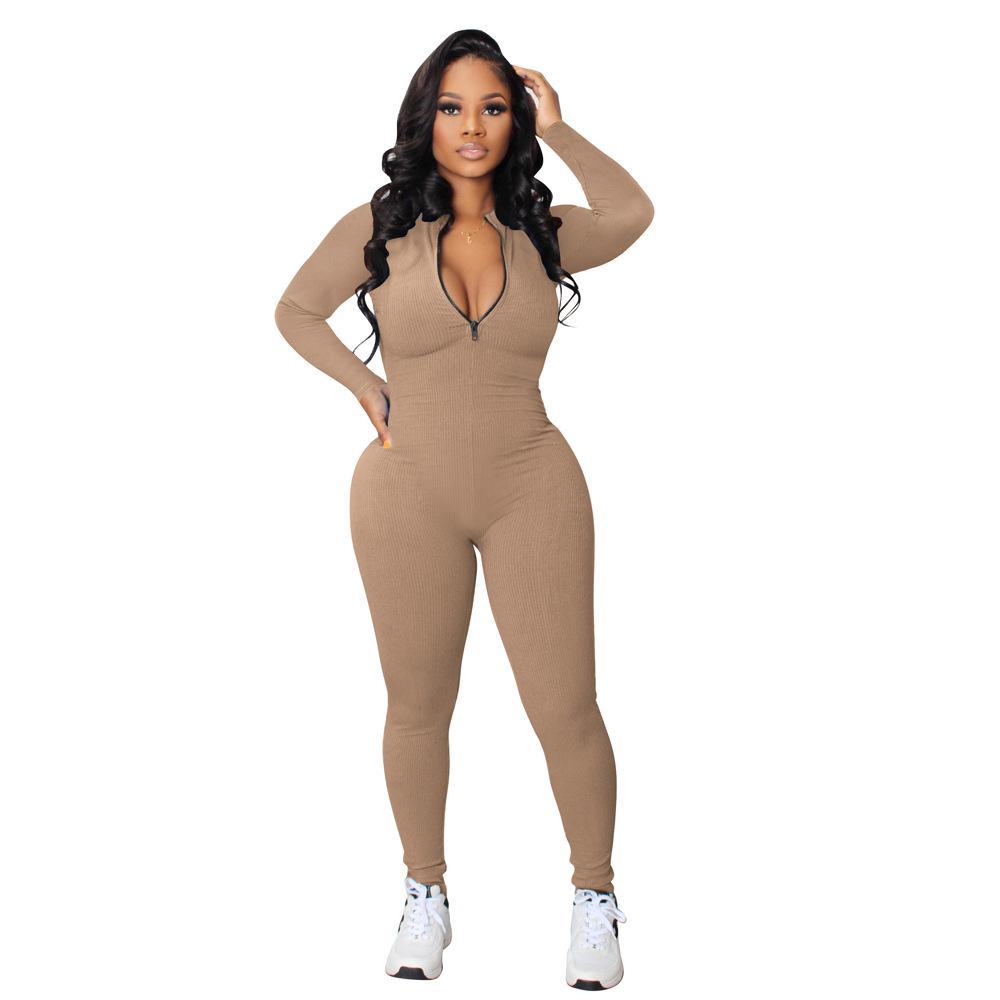 2022 Autumn European and American Pit Stripe Zipper Sports Jumpsuit
