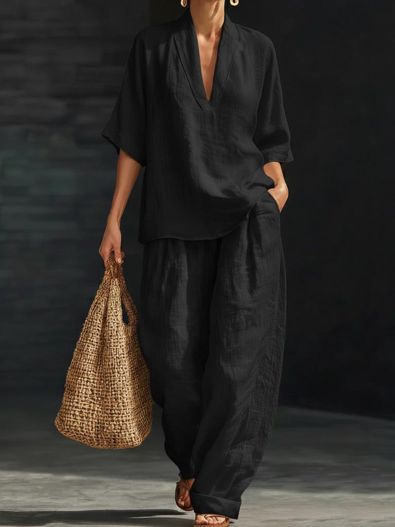 Spring/Summer Women's Loose Casual Comfortable Simple Solid Color Two-Piece Set
