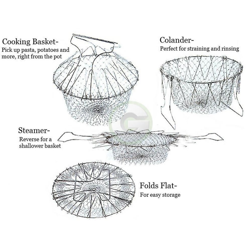 Faltbarer Dampfspül-Abtropf-Frittierkorb Französischer Kochkorb Magischer Korb Netzkorb Sieb Netz Küchenkochwerkzeug
