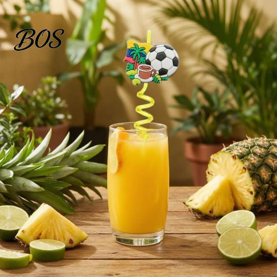 Reusable Plastic Straw 5Pcs Colorful Soccer Spiral Straws, Drinking Straws for Birthday Party Party, Football Theme Celebration Beverage Decor Unique