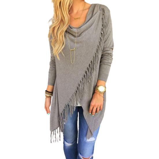 Women's Tassel Hem Shawl Cardigan Asymmetric Hem Pullover Poncho Coat Fringed Cowl Neck Wrap Cape Outerwear