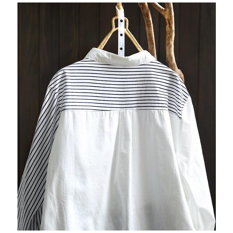 Striped Patchwork Cotton Long Sleeved Shirt for Women Loose Slimming Handmade Rabbit Pocket Single Breasted Shirt Blouses & Shirts