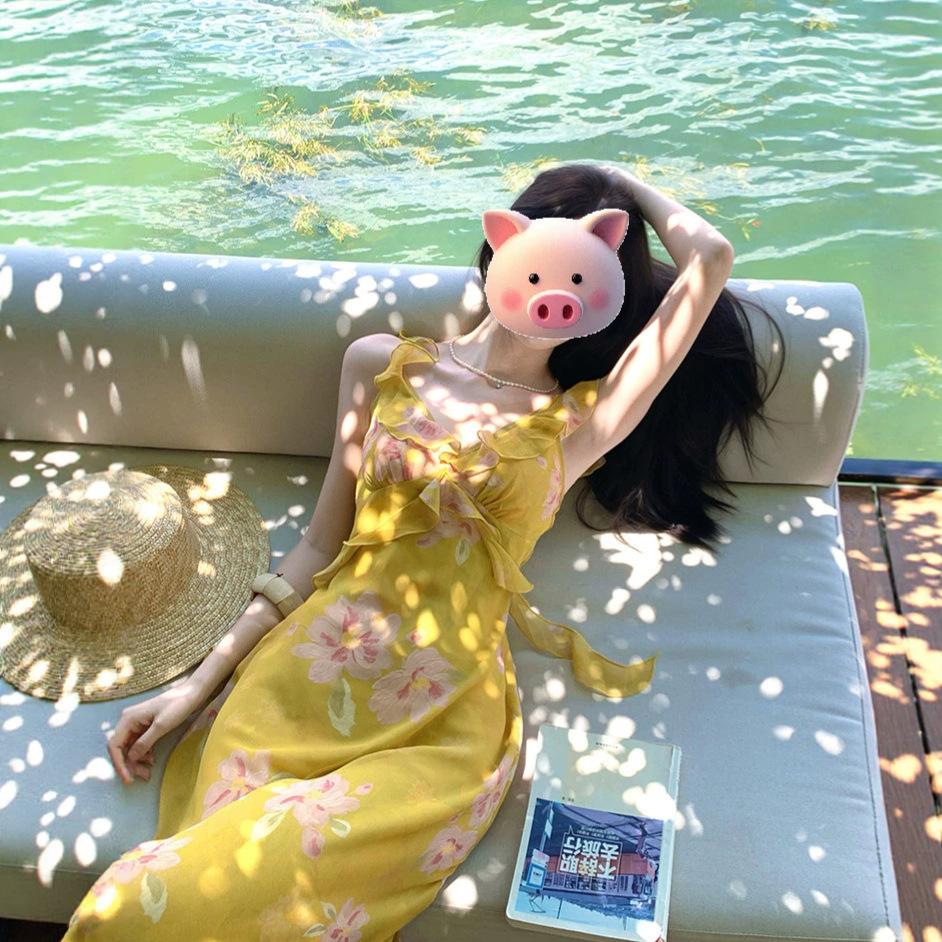 French beautiful lotus leaf edge yellow print v-neck suspender dress fairy seaside atmosphere vacation style dress
