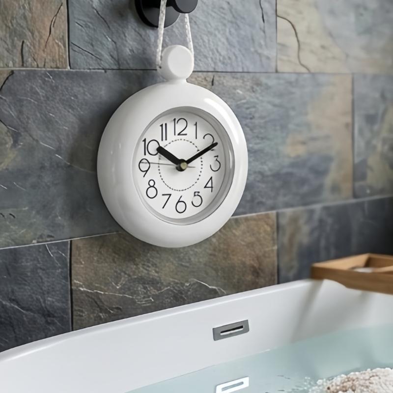 Hanging Bathroom Wall Analog Clock with Round White ABS Case, Low-Noise Mechanism, Waterproof Design, Hanging Cord for Home Use