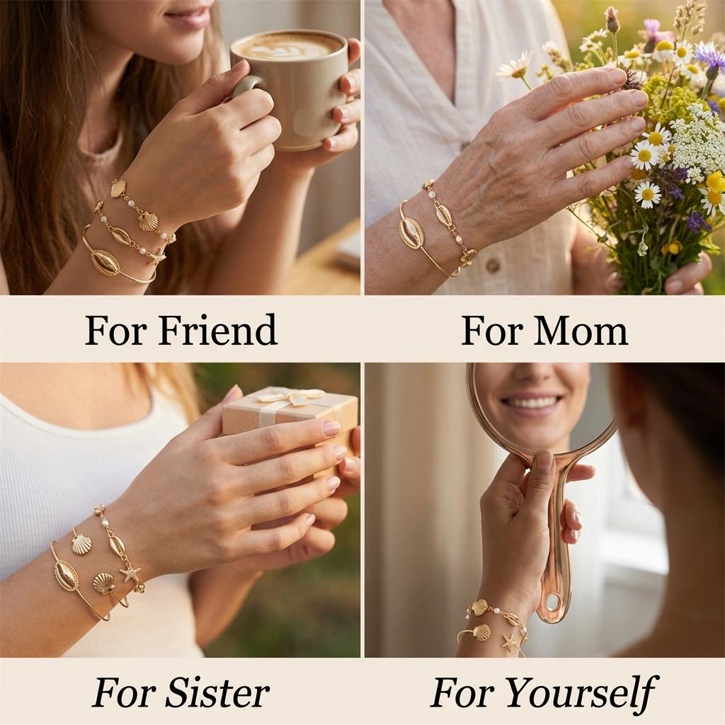 5 Pcs/Set Simple Metal Shell Starfish Open Bangles for Women Boho Summer Stackable Cuff Bracelet Seaside Beach Party Jewelry
