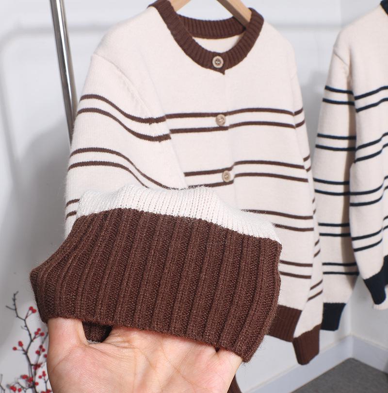 Korean Style Retro Color Block Striped Cardigan Sweater - Thickened Autumn/Winter Outerwear Women