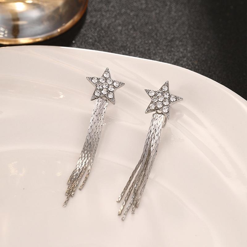 Exquisite Light Luxury Diamond-Encrusted Five-Pointed Star Mosquito Coil Disc Ear Clips, High-End Long Tassel Earrings For Women Without Ear Piercings