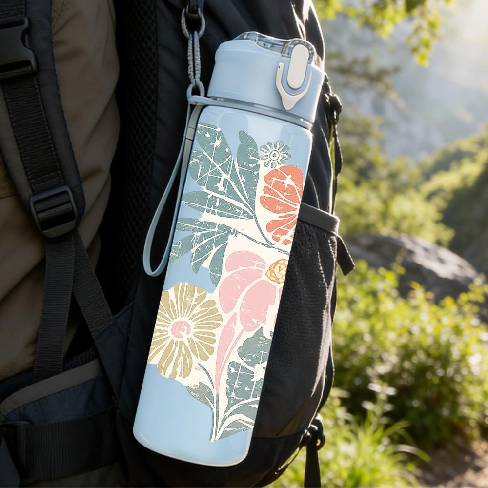 1PC Vintage Soft Floral Bouquet Print 750ml Color Plastic Sports Water Bottle Leakproof Flip Straw Lid Suitable for Sports Office Home Use