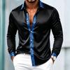 Light luxury satin smooth men's long sleeved formal shirt with a lapel, Baroque gold patterned placket, and cuffs trimmed with