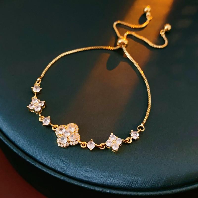 Elegant Gold Plated Zircon Rhombus Flower Bracelet Women Adjustable Minimalist Luxury Daily Wear