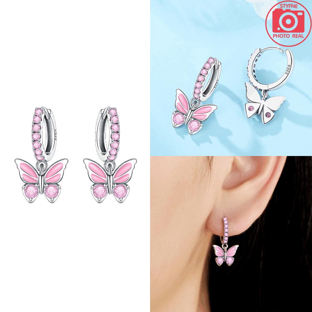 925 Silver Blue Butterfly Earrings Women's Accessory Gift Pink Animal Earrings Valentine Delicate Anniversary Jewelry