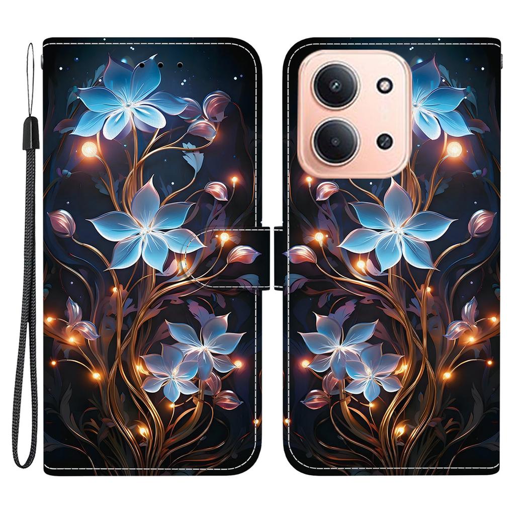 Pro Xiaomi Redmi 15C 5G (EU) (173 mm)/15C 4G (EU) (173 mm) Pouzdro Vzorový Potisk Kožená Peněženka Kryt na Telefon s Šňůrkou