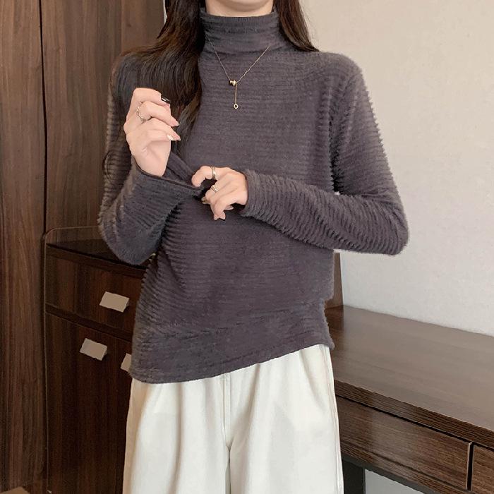 Women's Winter 2022 Mink Velvet Lace Shirt - Slim Fit, Half-High Collar, Solid Color Top