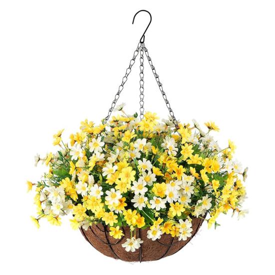 Yousheng Artificial Hanging Flowers Basket UV Resistant Outdoor Fake Hanging Plants Colorful Faux Silk Flowers Eucalyptus In Basket for Porch Patio