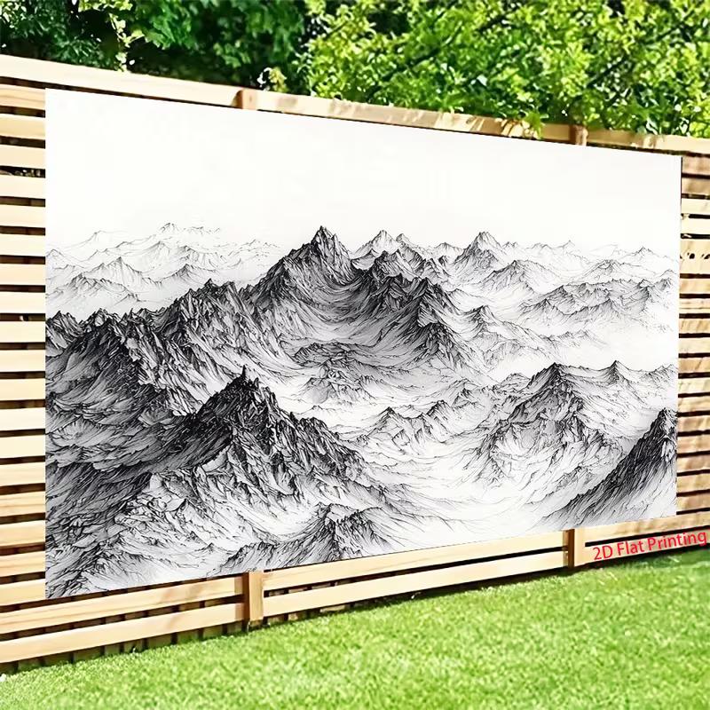 2D Monochrome Mountain Backdrop for Office, Ink Drawing Style Black and White Landscape