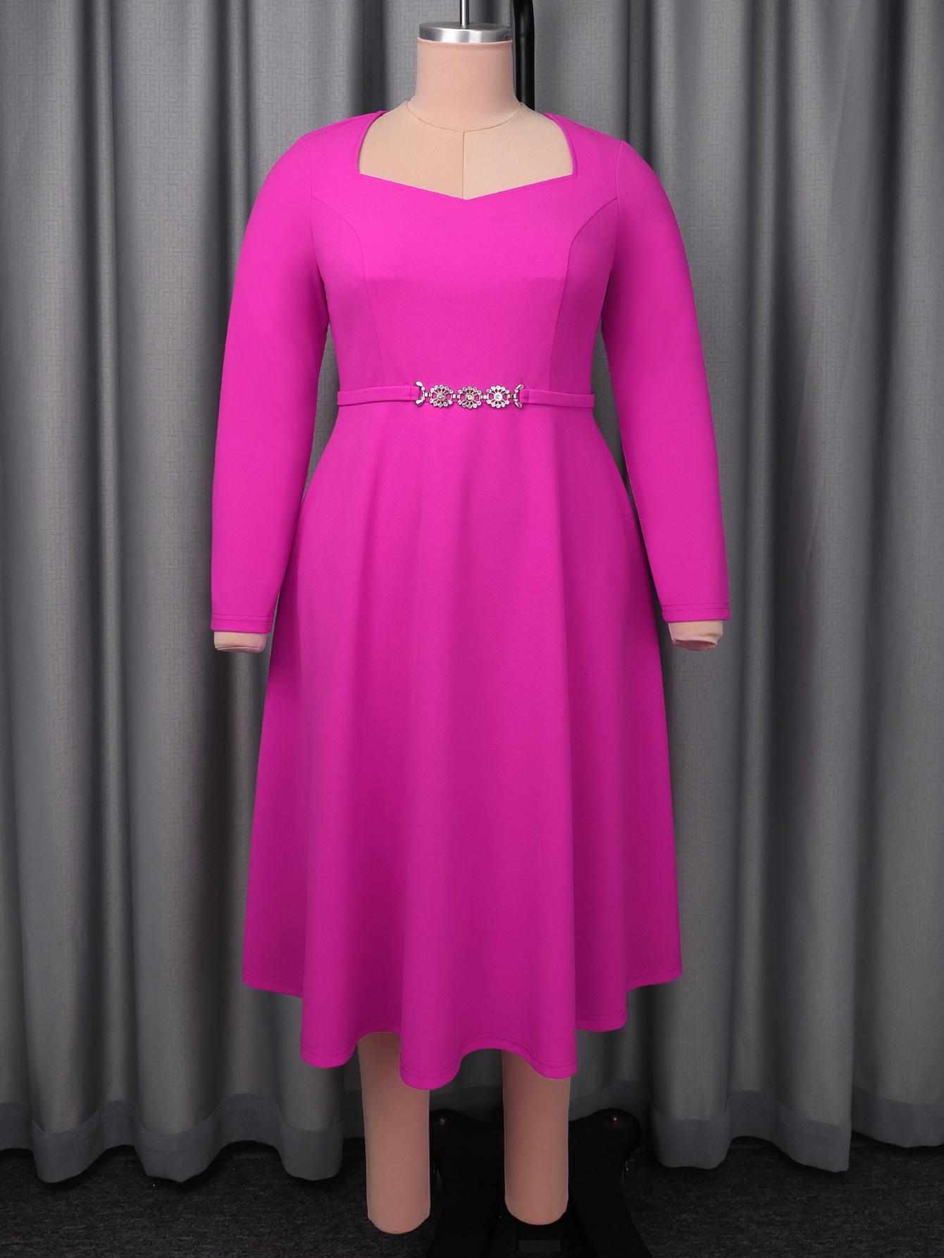

Plus Size Elegant Rose Red Square Neck Dress with Rhinestone Belt and Flowing Hem 4XL рожевий червоний колір