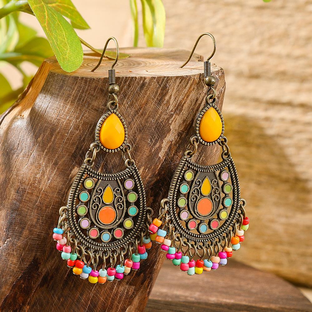 Classic Vintage Bohemian Colorful Drop Earrings for Women Unique Rice Bead Tassel Hollow Dangle Earring Vacation Jewelry Gift