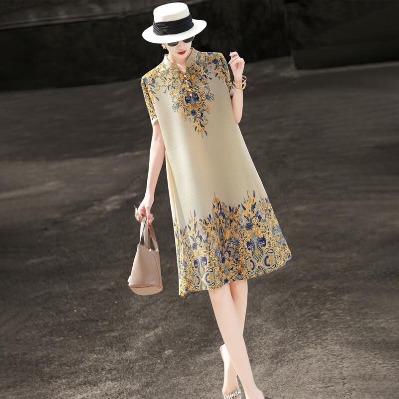 Lanseer Women s Retro Printed Pleated Midi Dress One Size