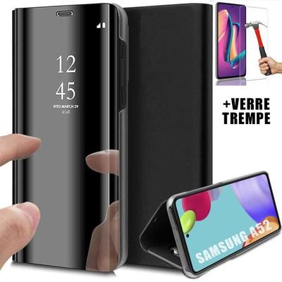 Hülle für Samsung A52 5G - PROSHOP - Spiegeleffekt - Durchscheinendes Fenster - Schwarz - Gehärtetes Glas