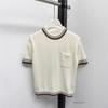 P Family 2025 Autumn Women's Knitted Sweater: High-End Short-Sleeved Striped Lace Top with Pocket & Embroidery In French Fashion Style.