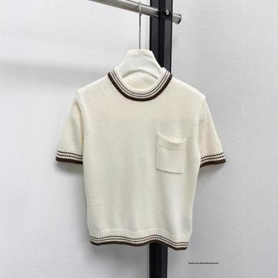 P Family 2025 Autumn Women's Knitted Sweater: High-End Short-Sleeved Striped Lace Top with Pocket & Embroidery In French Fashion Style.