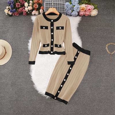 Autumn Winter Women Elegant Knitted Sweater Two Piece Set Full Sleeve Jacket Coat and Slim Bodycon Sheath Skirt Outfits