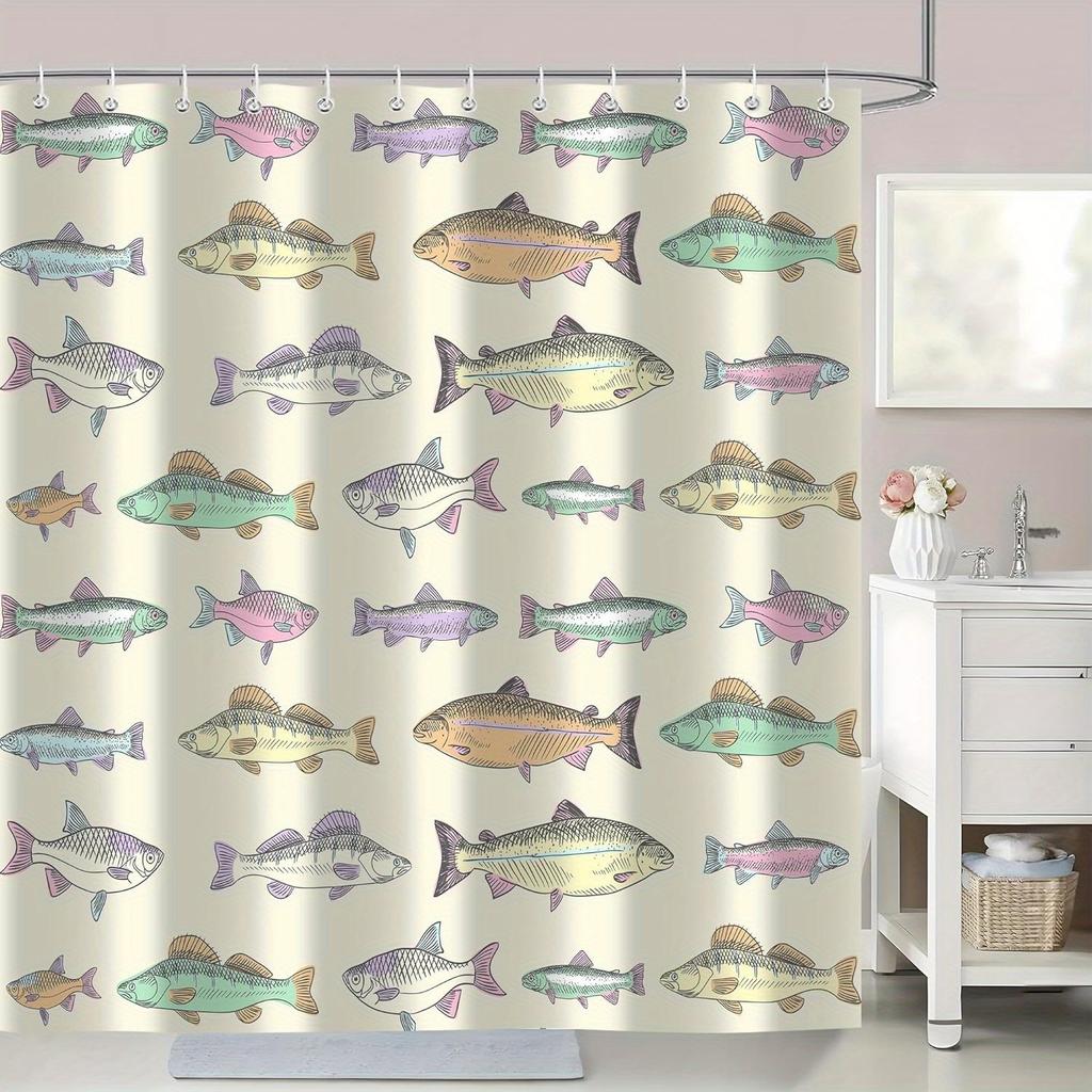 1 szt. Zasłona prysznicowa Ryby Vintage Ryby Jeziorne Rustykalna Wiejska Kolorowe Zasłony Prysznicowe Wystrój do Łazienki Zestaw Tkanina z 12 Haczykami