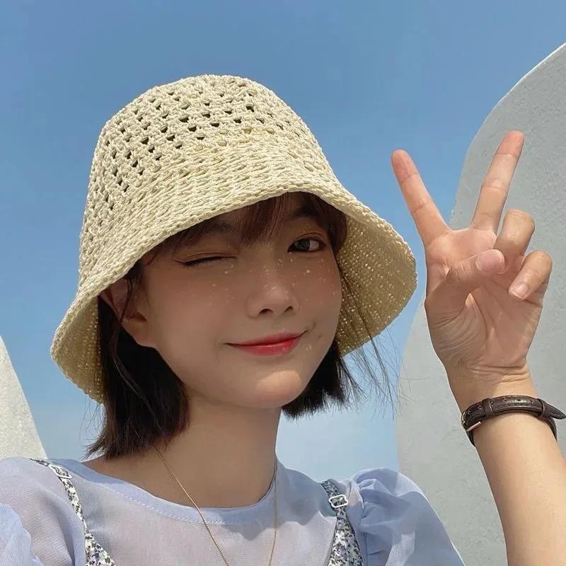Spring Summer Breathable Hollow Fisherman Hat Sun Protect Wide Brim Sunscreen Cap for Women Beach Panama Straw Dome Weave Bucket