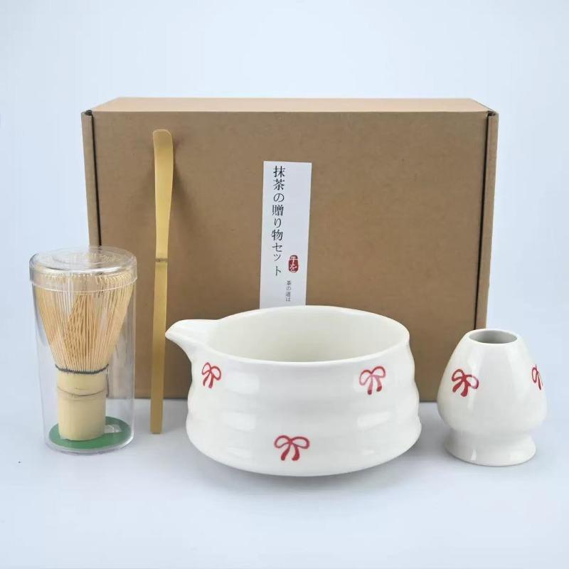 4/5pcs Cherry Blossom White Matcha Bowl with Matcha Whisk Set, Japanese Tea Set Includes Matcha Bowl with Spout