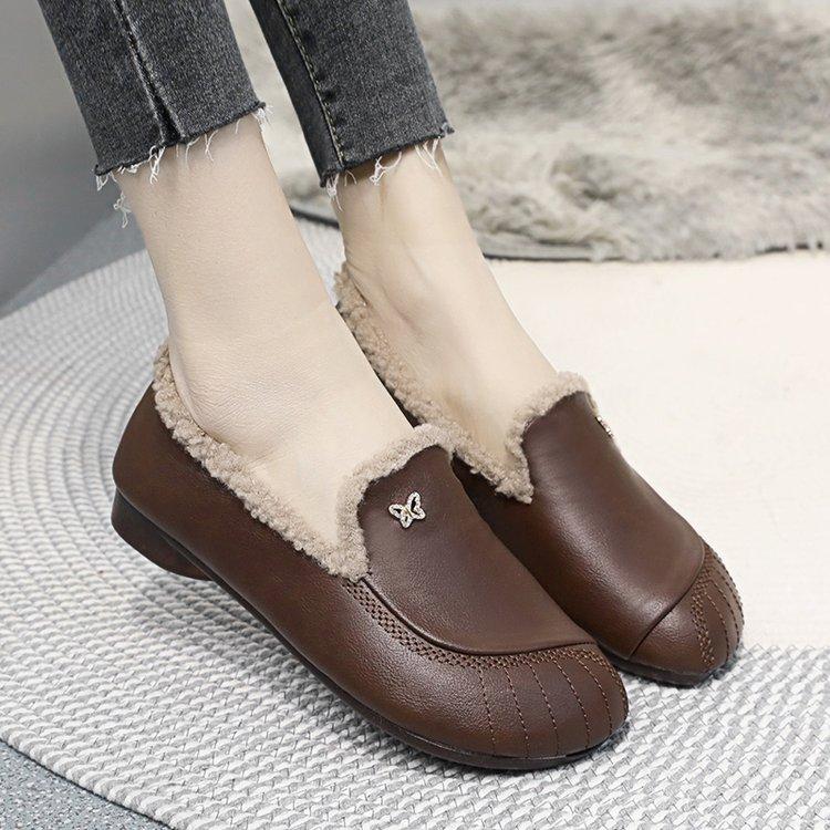 

Новые хлопковые туфли осень-зима, мягкая подошва, женские удобные плоские кожаные бархатные теплые туфли 40 коричневый