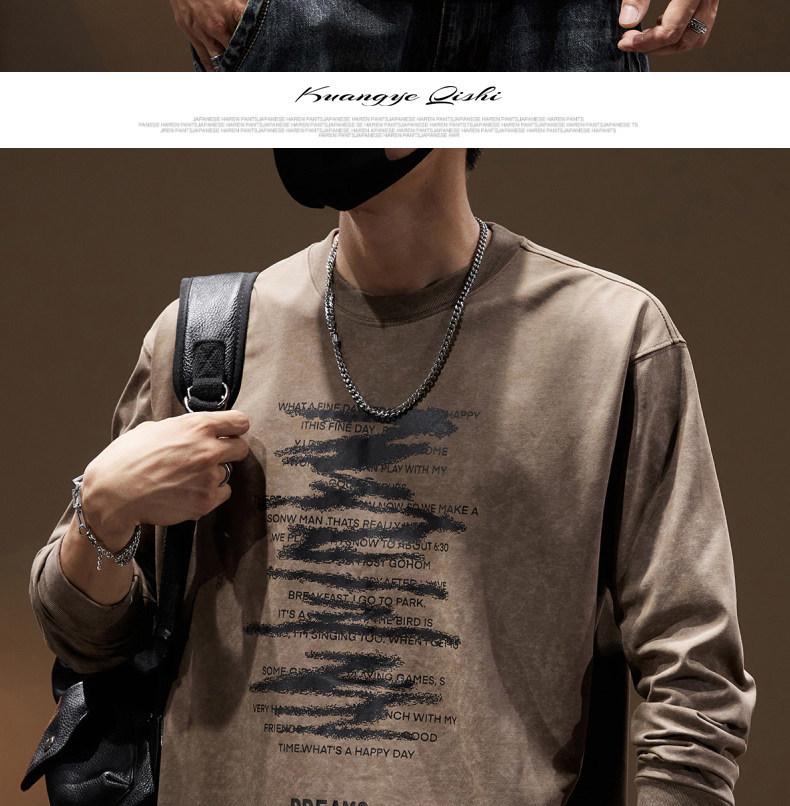 Men's Heavyweight Retro Washed Long-Sleeve T-Shirt - Autumn Edition, Loose Fit, Round Neck, Trendy American Print