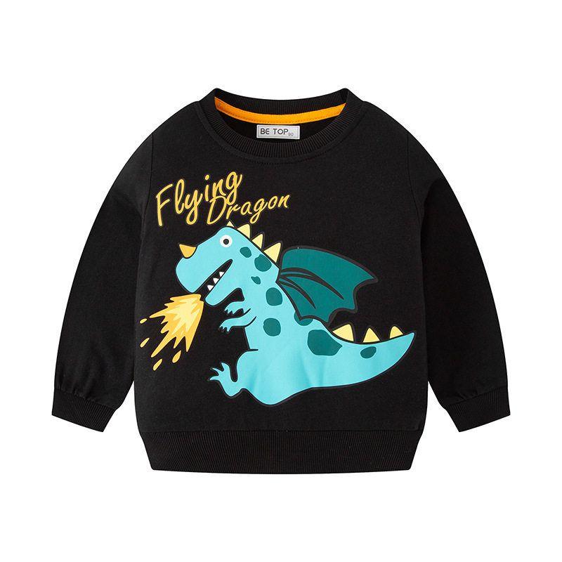 Children s Spring and Autumn Cartoon Dinosaur Cotton Pullover Black 140