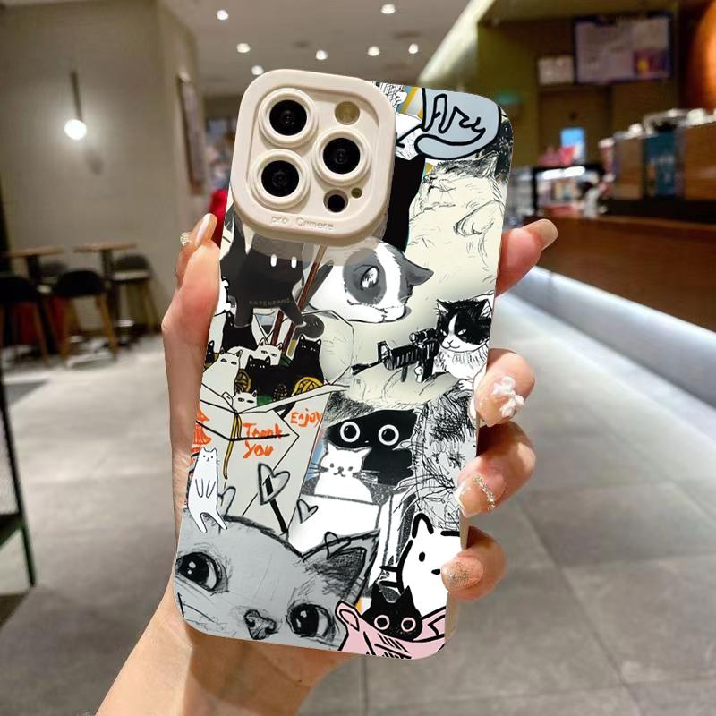 Hand Drawn Black Cat Graffiti Star Pattern Design Protective Cover for iPhone 17 16 15 14 13 12 11 16E Series Pro Max Plus
