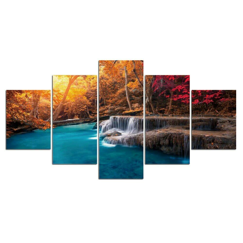 

5Pcs Autumn Tree Leaf Waterfall Lake Decor Canvas Wall Art HD Print 5 Pieces Poster Pictures Home Decor No Framed Room Decor