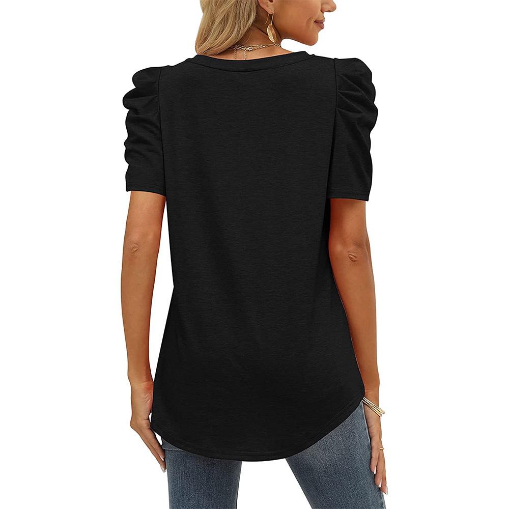 2024 European & American Style Ruched Patchwork V-Neck Short-Sleeve Women's T-Shirt