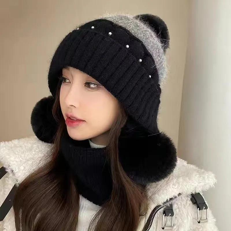 WTEMPO Large Size Windproof Cold-proof Stretchy Warm Knitted Hats with Faux Fur Balls Women Autumn Winter Casual Versatile Ear Protection Woolen Hats
