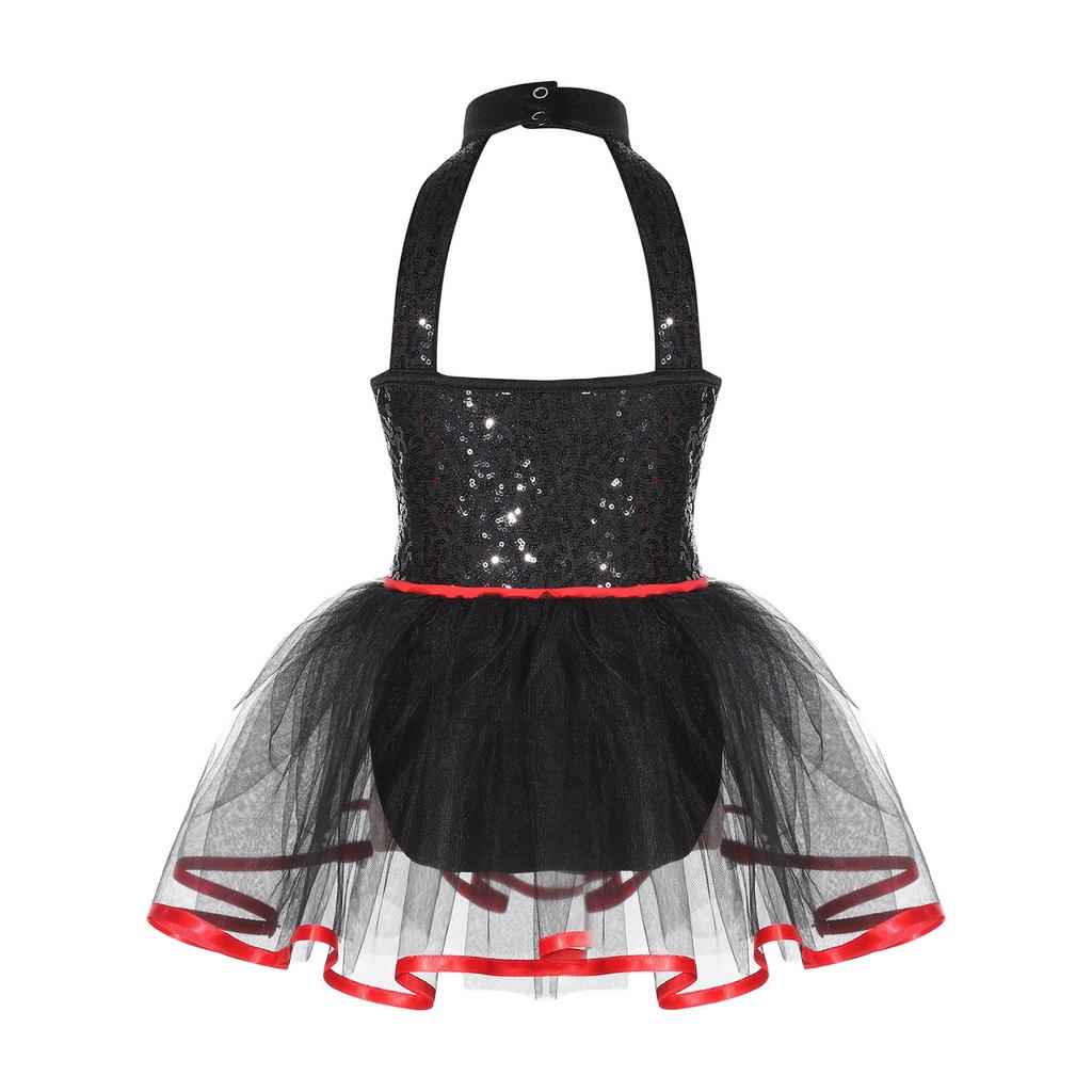 Kids Girls Halloween Doll Clown Costume Halter Neck Checkerboard Sequins Tutu Dress Dancewear Fancy Dress Up Costume