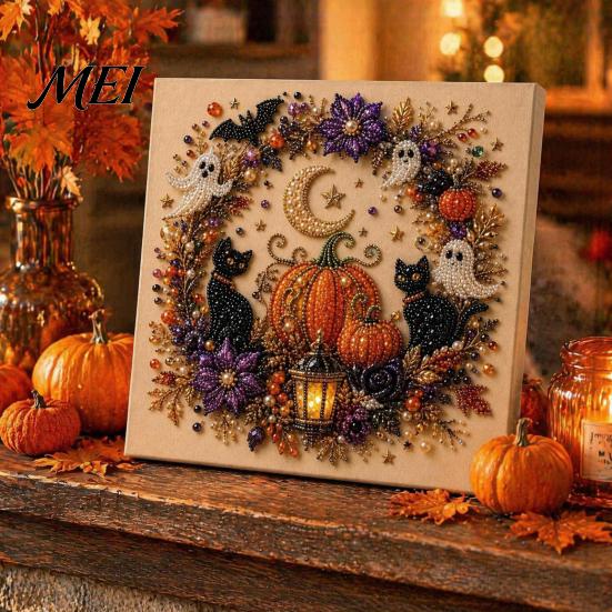 Handmade Holiday Gift Ideas Halloween Faux Pearl Art DIY Kit, Spooky Cute 3D Beads Painting Crafts, Mosaic Crafts for Adults Gothic Ghost Pumpkin Cat
