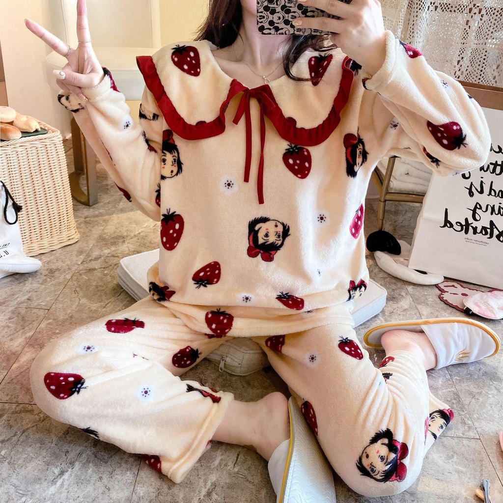 Women's Coral Fleece Pajamas: Warm, Thick Cardigan Lapel Homewear Set for Autumn and Winter