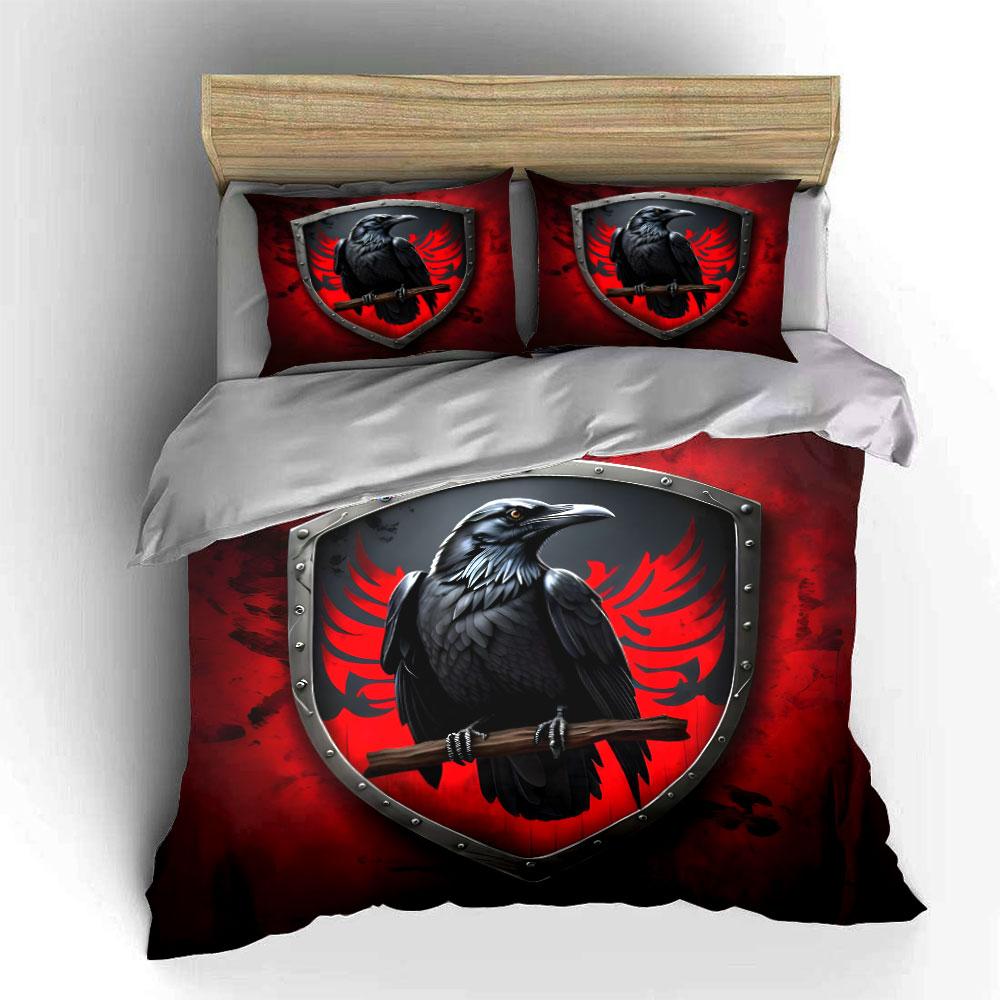 Schwarzes Raben-Schild-Design Druck Bettwäsche-Set 1 Bettbezug 2 Kissenbezüge für Erwachsene und Kinder Luxuriöses Geschenk Vollgröße