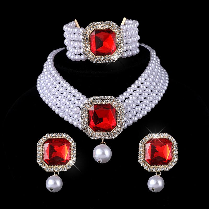 

Multi-layer imitation pearl crystal earrings bracelet necklace three-piece set bridal luxury full of diamond jewelry women красный