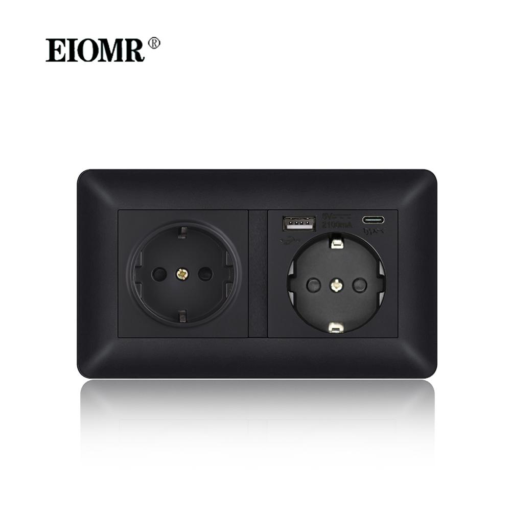 EIOMR EU Outlet with Usb Type-c Charging Port Black Curved Flame Retardant PC Panel 86mm Single Socket and 146mm Double Socket