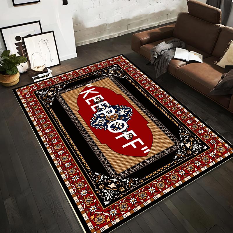 

Red and Black Decorative Rug with KEEP OFF Text and Floral Pattern Suitable for use as an anti-slip for living room bedroom sofas 40x60cm( 15x23in )