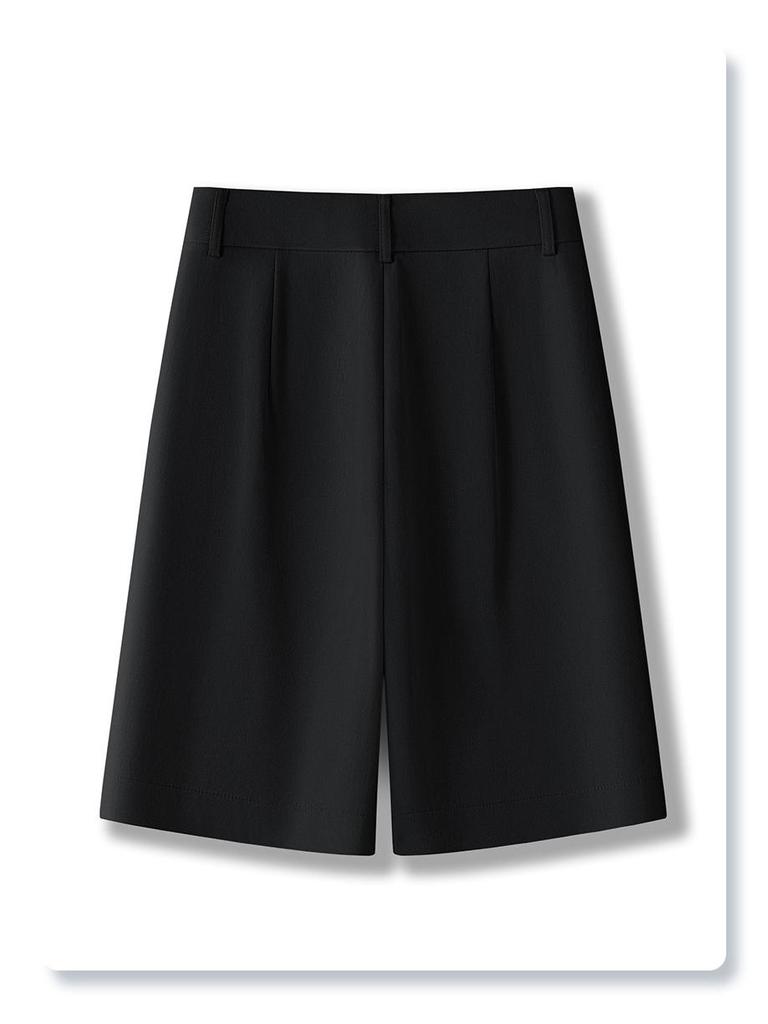 Dámské khaki šortky k obleku: Jaro/Léto 2025 Volné, S vysokým pasem, Zeštíhlující, Rovné-Široké nohavice, Pětičtvrteční kalhoty.