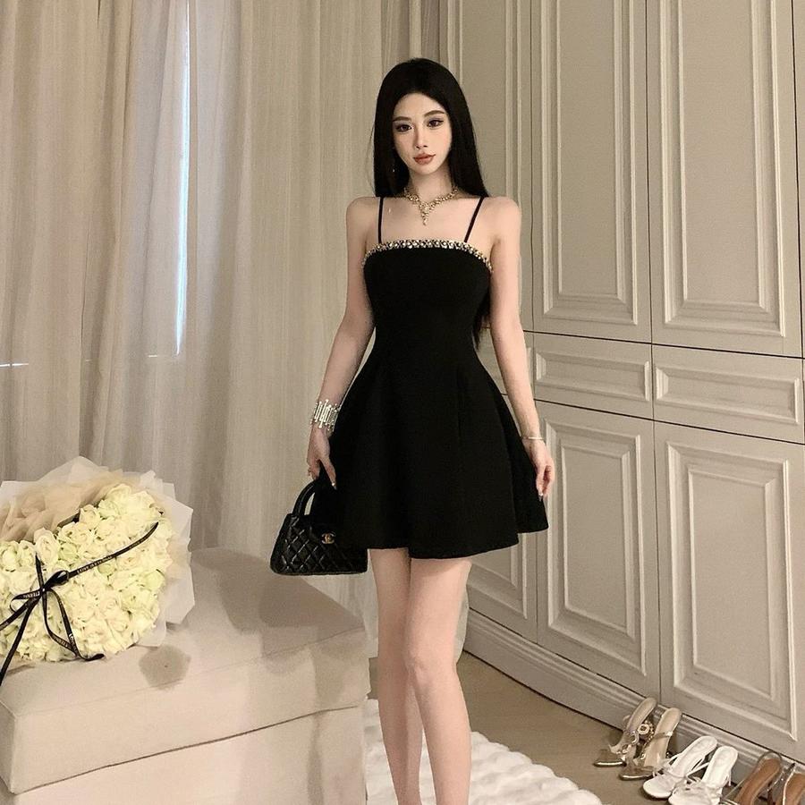 Girly Chic Reworked Bead Strap Dress, Waist-Defined Birthday Gift Mini A-Line Skirt for Women