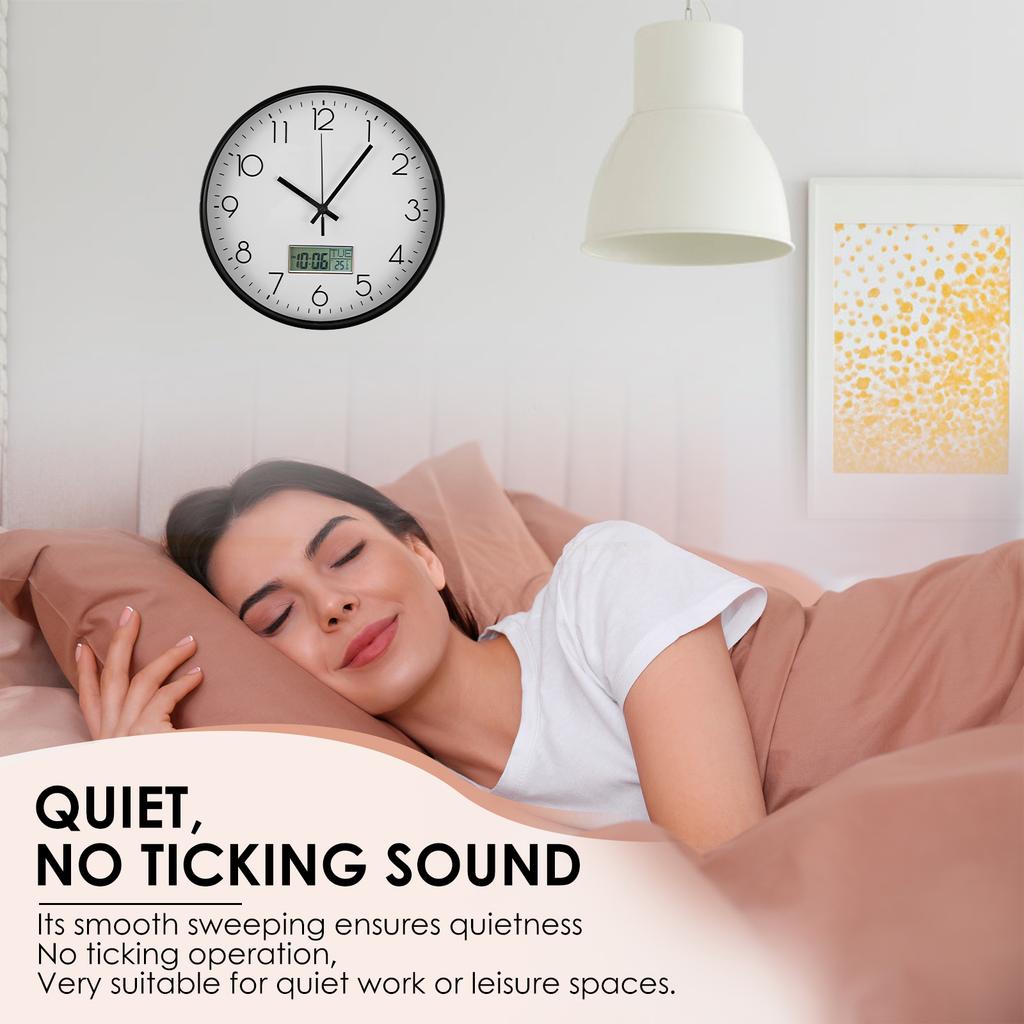 Wall Clock 11.6 Inch Round Wall Clocks Battery Operated Wall Clock with LCD Display for Perpetual Calendar and F° Temperature