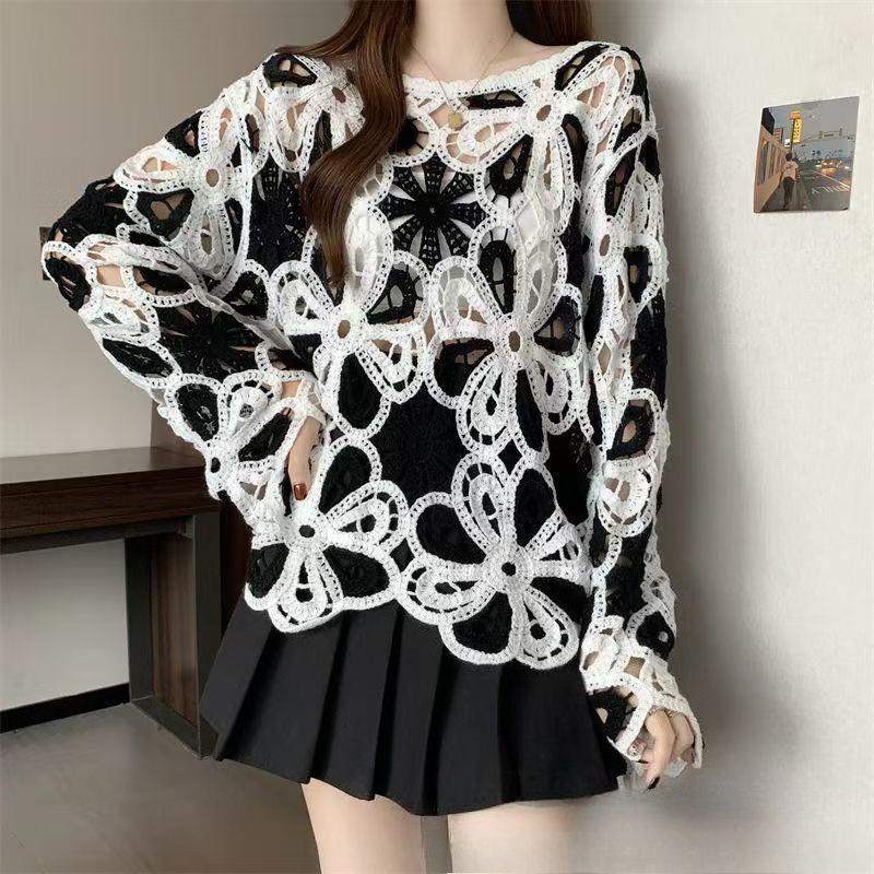 Bohemian Crochet Hollow Knit Sweater for Women Loose Color-Block Long-Sleeve Knit Pullover Top