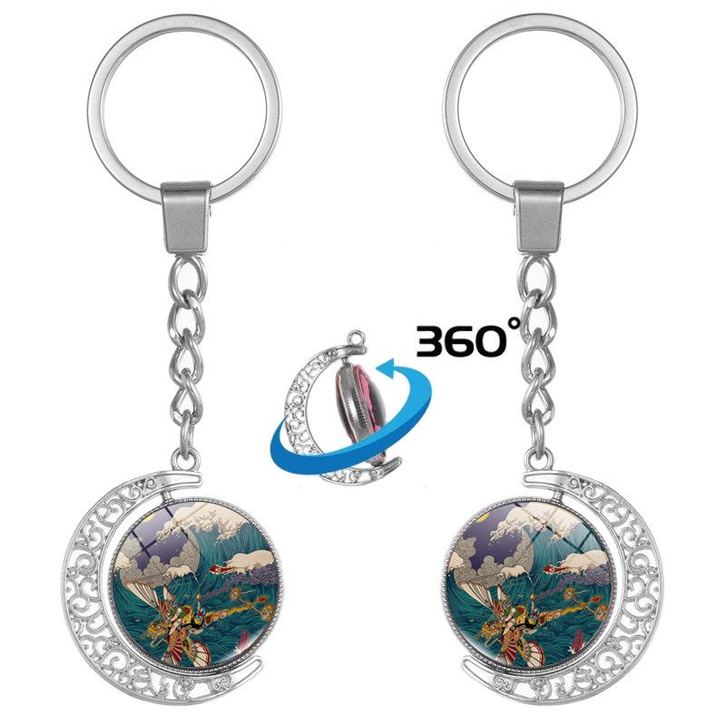 Japanese Wave Ukiyo-e Art Double-Sided Rotating Keychain Pendant